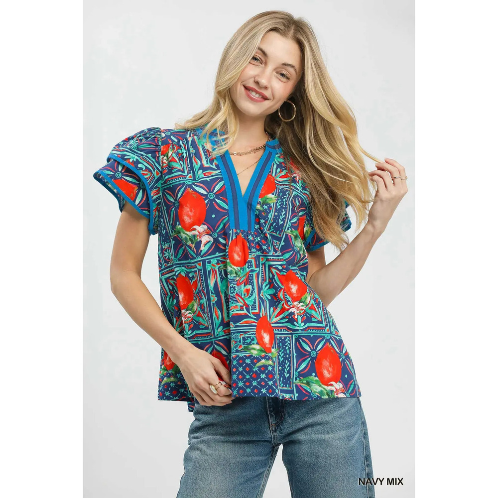 Umgee Abstract Print Flutter Sleeve Blouse